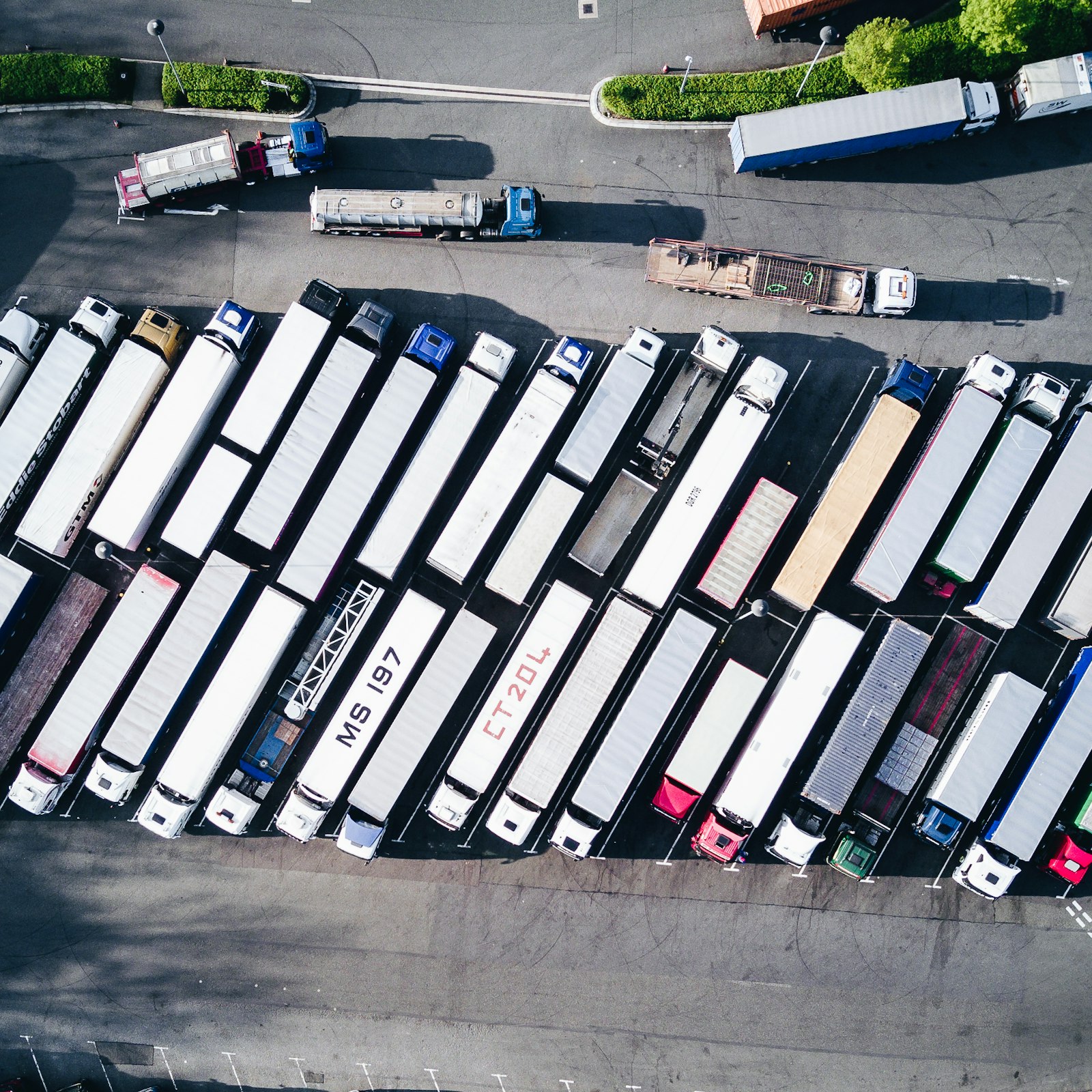 Aerial view of freight trucks in a lot