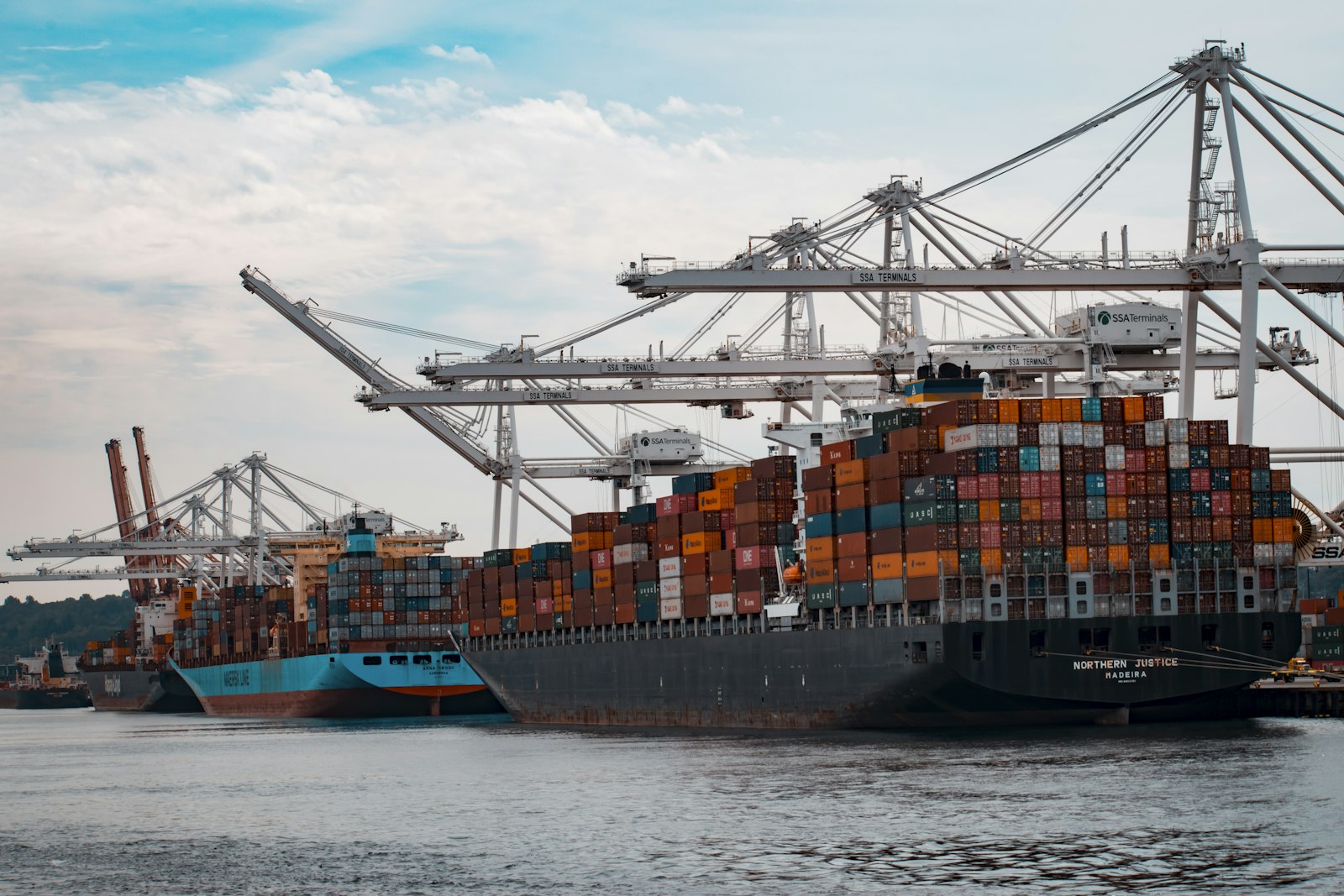 Cargo ships docked at a port